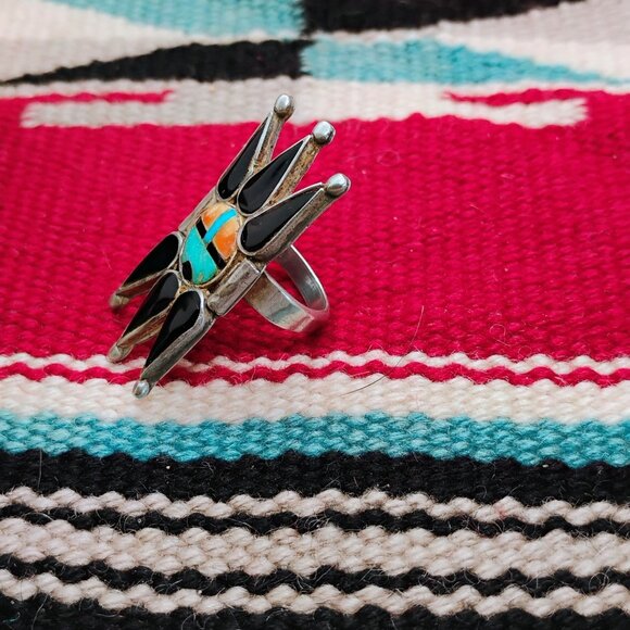 VTG Zuni Inlay Sun Face Ring Spiky Black Onyx Turquoise Coral Size 7 - Picture 3 of 7